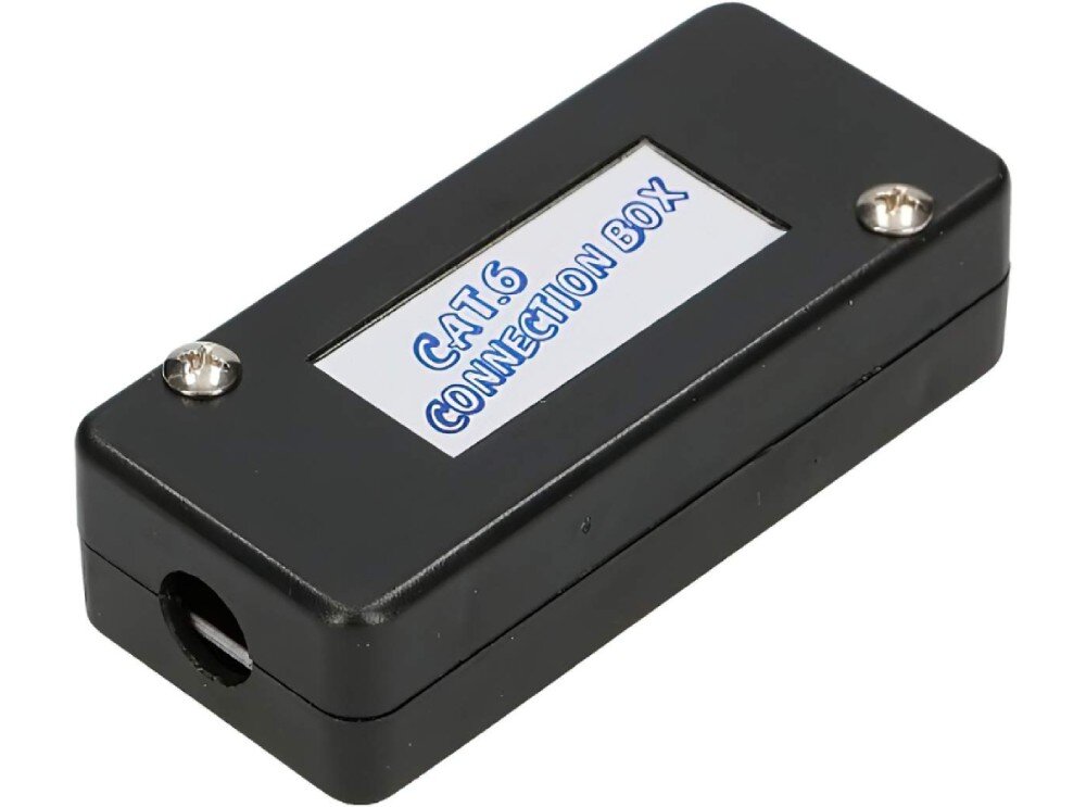 Puszka połączeniowa EXTRALINK EX.9618 Czarna, plastikowa obudowa z niebieskim napisem 'CONNECTION BOX CAT.6' i otworem na przewód