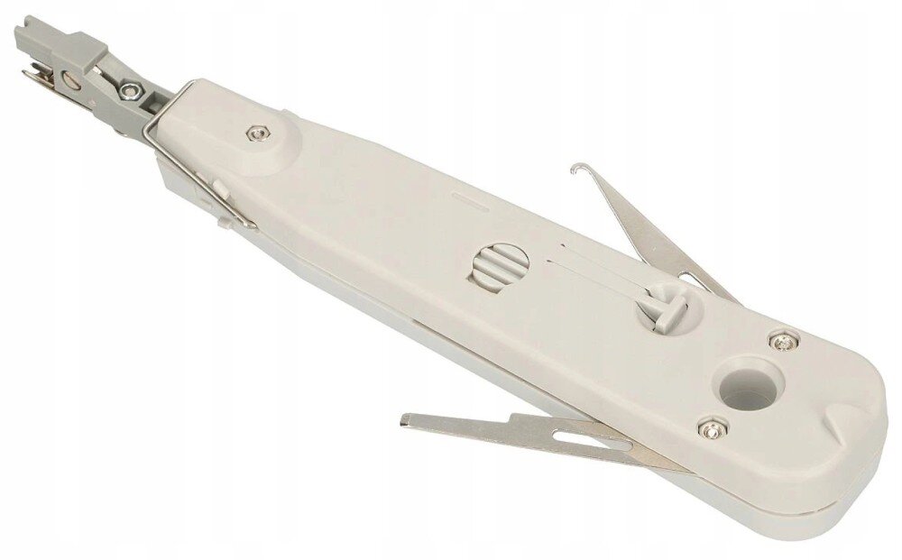 Narzędzie uderzeniowe EXTRALINK NT-T002 Widok z boku na podłużne, jasnoszare narzędzie z tworzywa sztucznego z metalową końcówką roboczą oraz dwoma wysuniętymi z obudowy metalowymi elementami w kształcie haczyka i płaskiego trzpienia