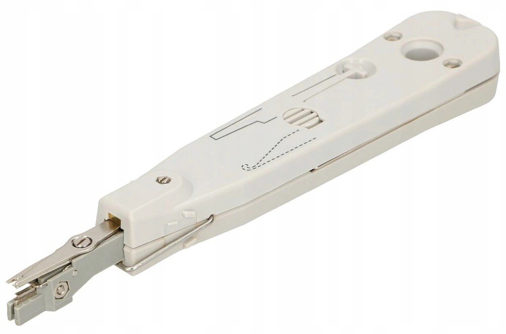 Narzędzie uderzeniowe EXTRALINK NT-T002 Ujęcie pod kątem na jasnoszare narzędzie o podłużnym kształcie z widocznym na boku obudowy suwakiem oraz metalową końcówką uderzeniową umieszczoną na jednym z końców