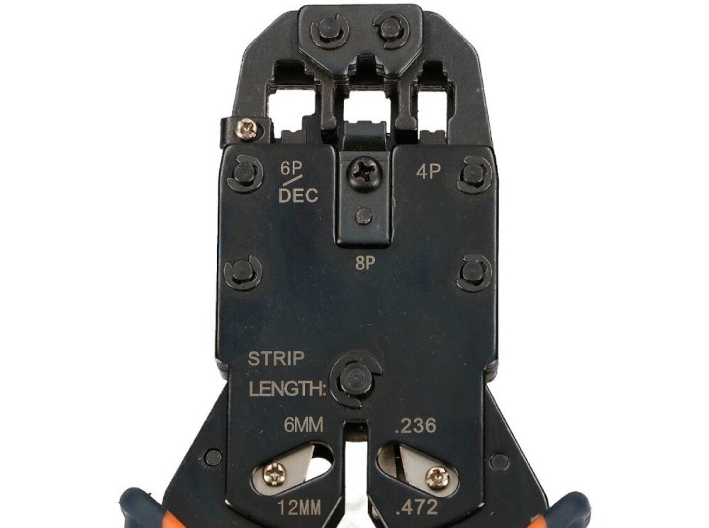 Szczypce EXTRALINK EX.9694 Zbliżenie na czarną głowicę narzędzia z otworami podpisanymi jako '4P', '6P' i '8P' oraz ostrzami do nacinania izolacji z oznaczeniami długości '6MM' i '12MM'