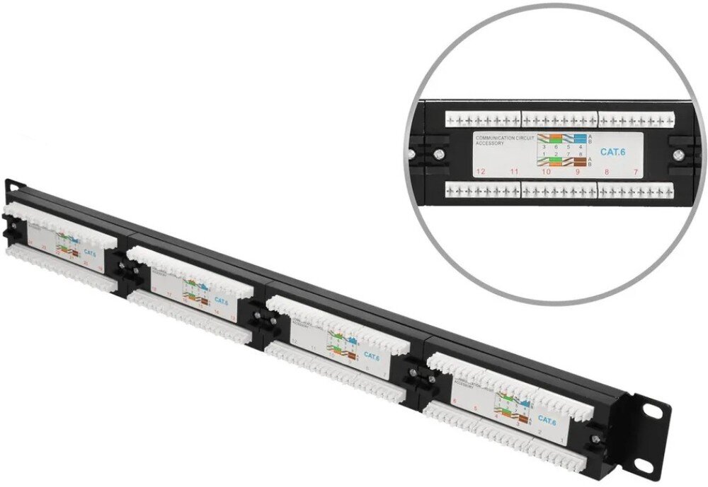 Patch panel EXTRALINK EX.9816 Widok na tył panelu krosowniczego prezentujący złącza szczelinowe do montażu przewodów. Na obudowie znajdują się kolorowe etykiety ze schematami rozszycia kabli oraz napisy 'CAT.6'. W grafice zawarto okrągłe powiększenie detali złączy oraz schematu dla portów od 7 do 12