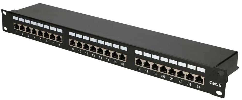 Patch panel EXTRALINK EX.9830 Czarny panel krosowy z 24 gniazdami RJ-45 umieszczonymi w trzech sekcjach po osiem portów z białymi polami do opisu i oznaczeniem 'Cat.6' po prawej stronie