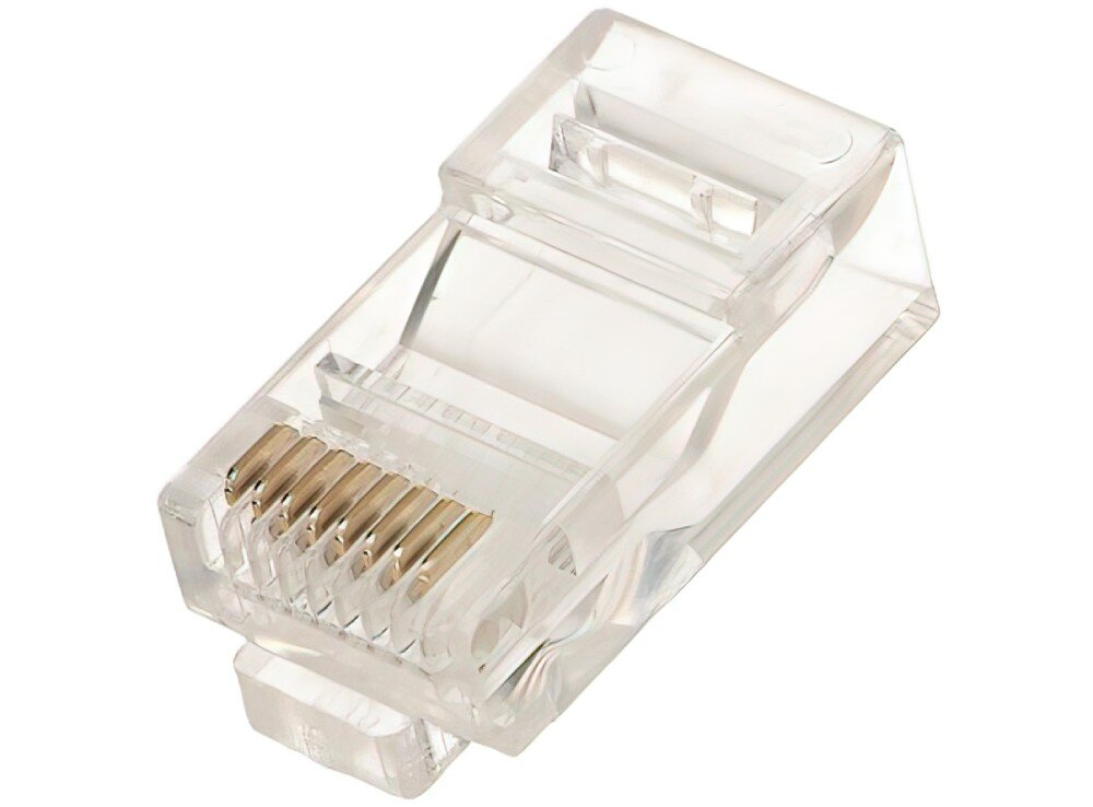 Wtyk EXTRALINK EX.9861 Przezroczysty wtyk sieciowy RJ45 z metalową obudową ekranującą, pokazany pod kątem z widocznymi ośmioma pozłacanymi stykami na przodzie