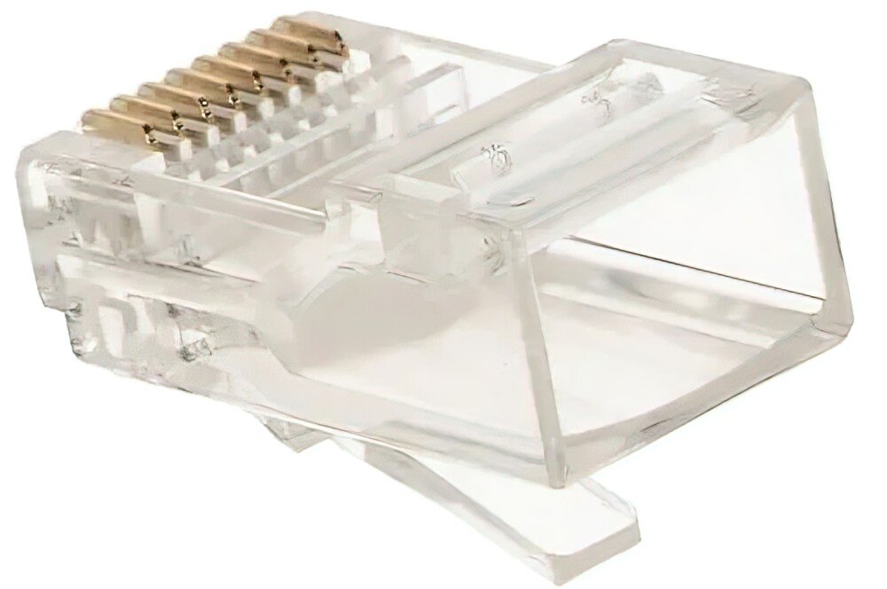 Wtyk EXTRALINK EX.9861 Ekranowany wtyk RJ45 pokazany od strony otworu na przewód, z widoczną metalową osłoną korpusu i rzędem pozłacanych pinów na górze