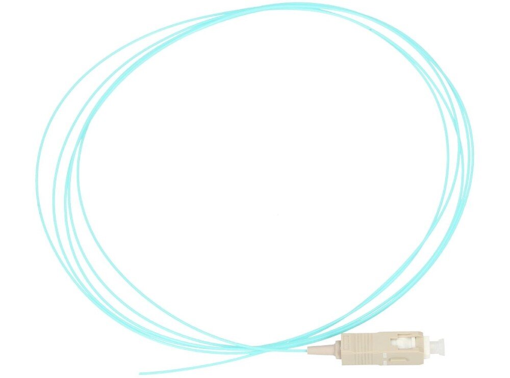 Kabel Pigtail - SC/UPC EXTRALINK EX.10406 2 m Jasnobłękitny, cienki przewód światłowodowy zwinięty w kilka pętli, który kończy się z jednej strony beżowym złączem o prostokątnym kształcie z białą osłonką na jasnym tle