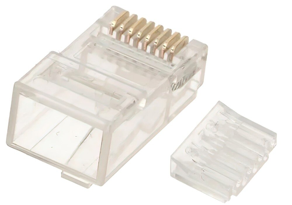 Wtyk EXTRALINK EX.11595 Ekranowany wtyk RJ45 pokazany od strony otworu na przewód, z widoczną metalową osłoną korpusu i rzędem pozłacanych pinów na górze