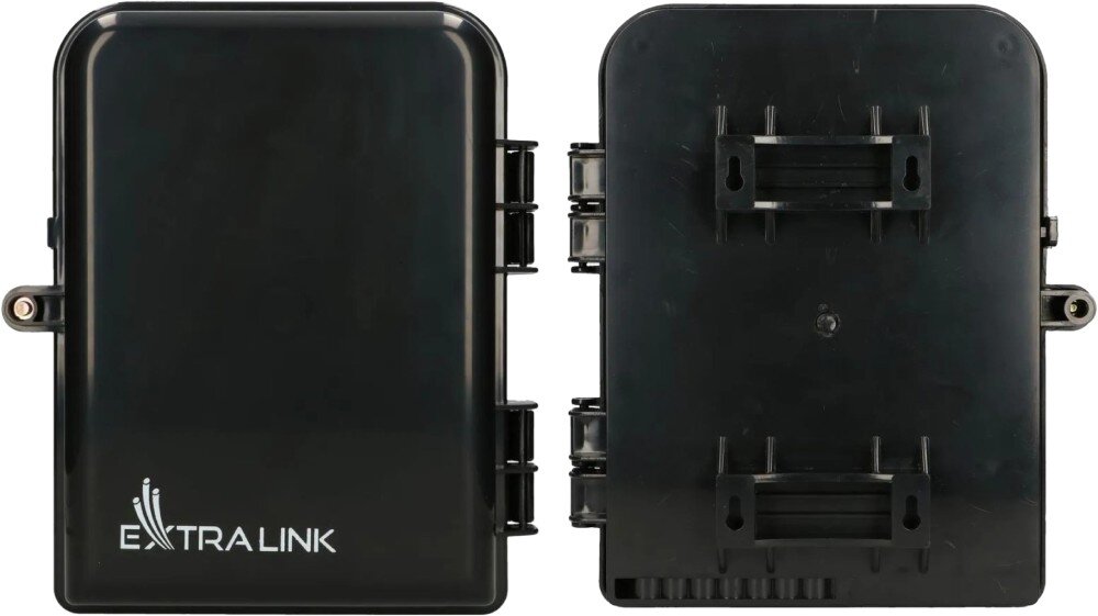 Puszka połączeniowa EXTRALINK Eliza V2 EX.12165 Widok na przód i tył zamkniętej czarnej obudowy z tworzywa sztucznego, na której froncie widnieje biały logotyp 'EXTRA LINK', a z tyłu znajdują się dwa uchwyty montażowe z otworami na śruby