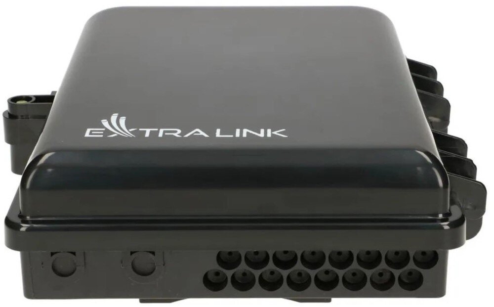 Puszka połączeniowa EXTRALINK Eliza V2 EX.12165 Zamknięta czarna puszka pokazana od strony dolnej krawędzi z dwoma większymi otworami wlotowymi oraz szesnastoma mniejszymi otworami na kable wyjściowe