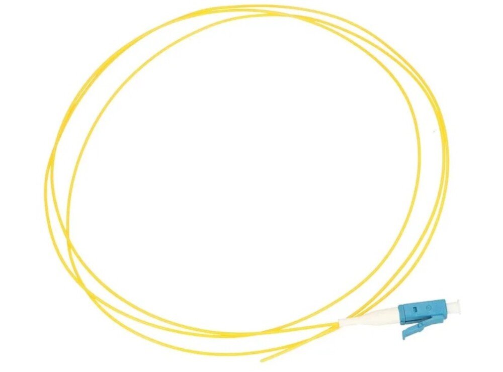 Kabel Pigtail - LC/UPC EXTRALINK EX.1015 4 Cienki żółty przewód światłowodowy zwinięty w kilka pętli, zakończony z jednej strony niebieskim wtykiem typu LC z białą osłonką zabezpieczającą końcówkę