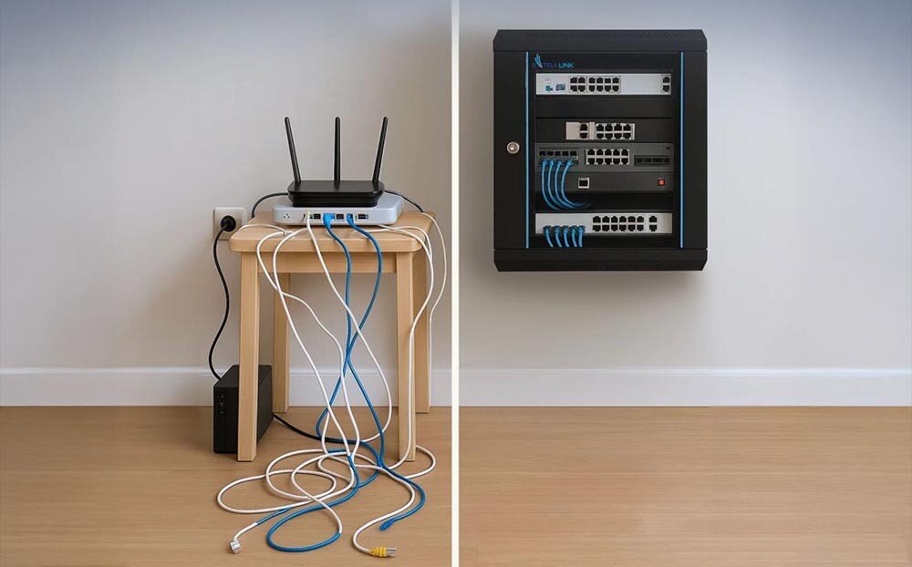 Szafa RACK EXTRALINK 19 6U EX.12929 600 x 600 mm Szafa serwerowa z zamkniętymi drzwiczkami, kilka kabli wokół, opis