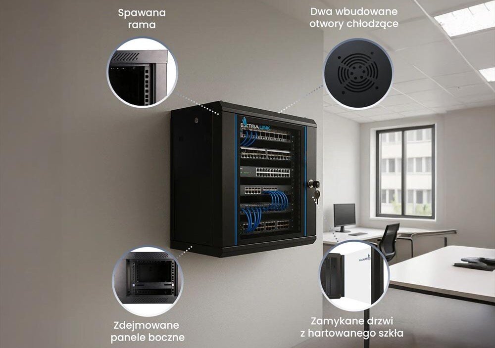 Szafa RACK EXTRALINK 19 6U EX.12929 600 x 600 mm Szafa serwerowa na ścianie w biurze, w pobliżu stolik z komputerem and zasobnikami, wnętrze, miejsca na wentylatory, standard