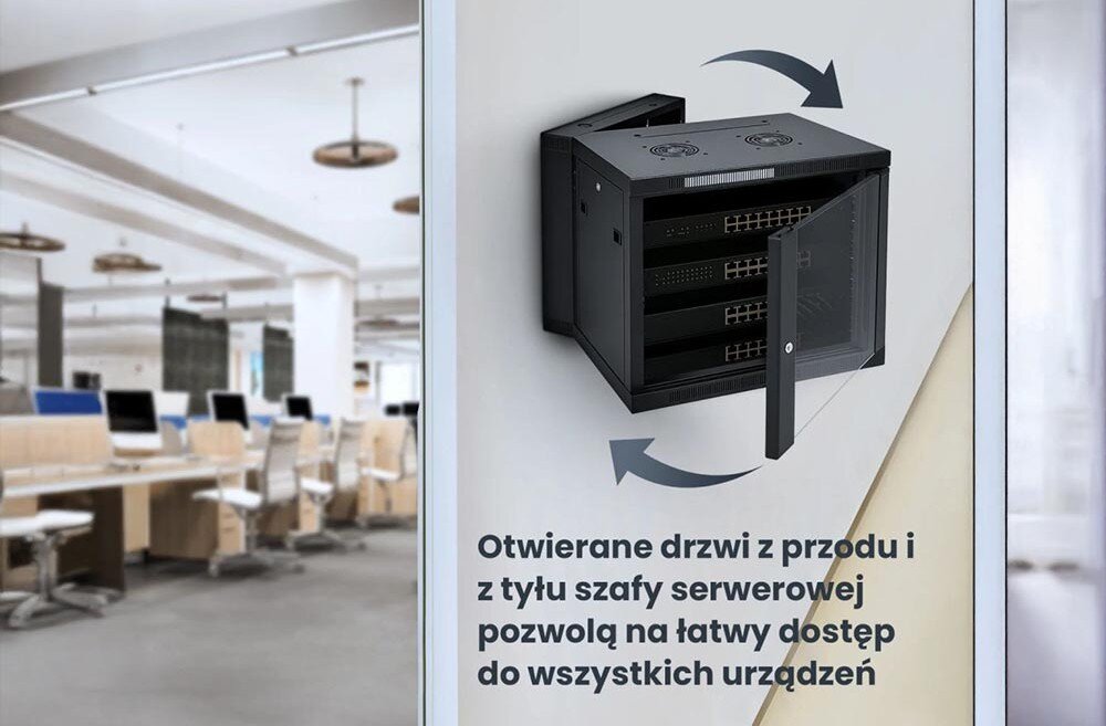 Szafa RACK EXTRALINK 19 6U EX.12929 600 x 600 mm Pokój biurowy z biurkami i monitorami, puste stanowiska pracy, drzwiczki, otwieranie, boczne panele