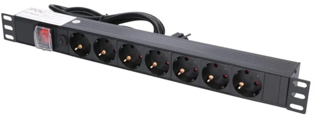 Listwa EXTRALINK EXPDU7EU SW (2 m) Czarna listwa zasilająca montowana w szafie rack z siedmioma gniazdami z bolcem, białą etykietą 'PDU' oraz czerwonym przełącznikiem pod przezroczystą osłoną