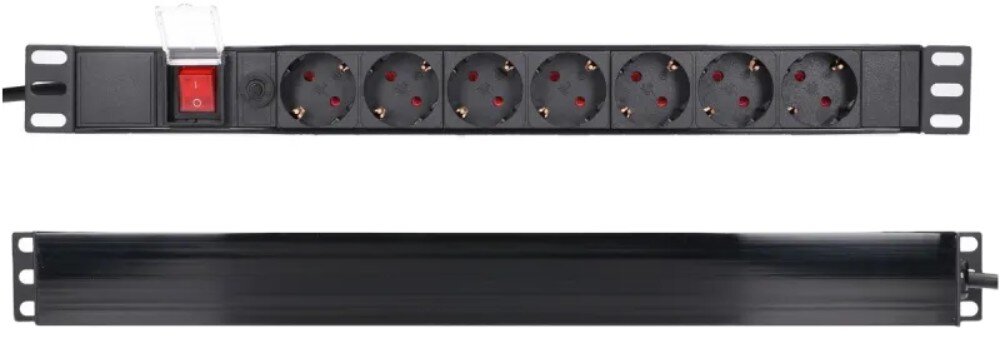 Listwa EXTRALINK EXPDU7EU SW (2 m) Dwa ujęcia czarnej listwy zasilającej prezentujące front z siedmioma gniazdami i otwartą osłoną wyłącznika oraz jednolitą tylną część obudowy