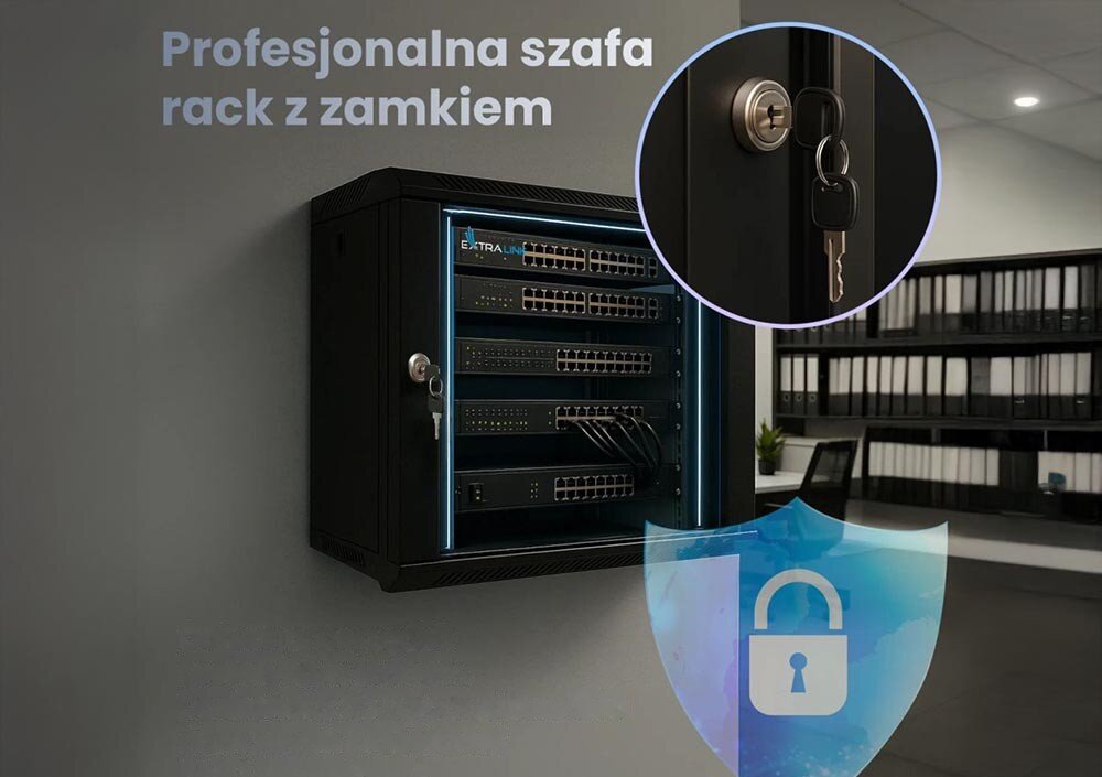 Szafa RACK EXTRALINK 19 9U EX.12943 600 x 600 mm Pokój biurowy z biurkami i monitorami, puste stanowiska pracy, drzwiczki, otwieranie, boczne panele