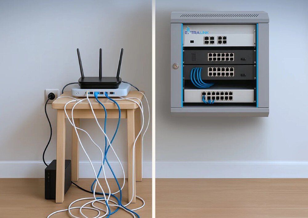 Szafa RACK EXTRALINK 19 9U EX.12950 600 x 600 mm Szafa serwerowa z zamkniętymi drzwiczkami, kilka kabli wokół, opis