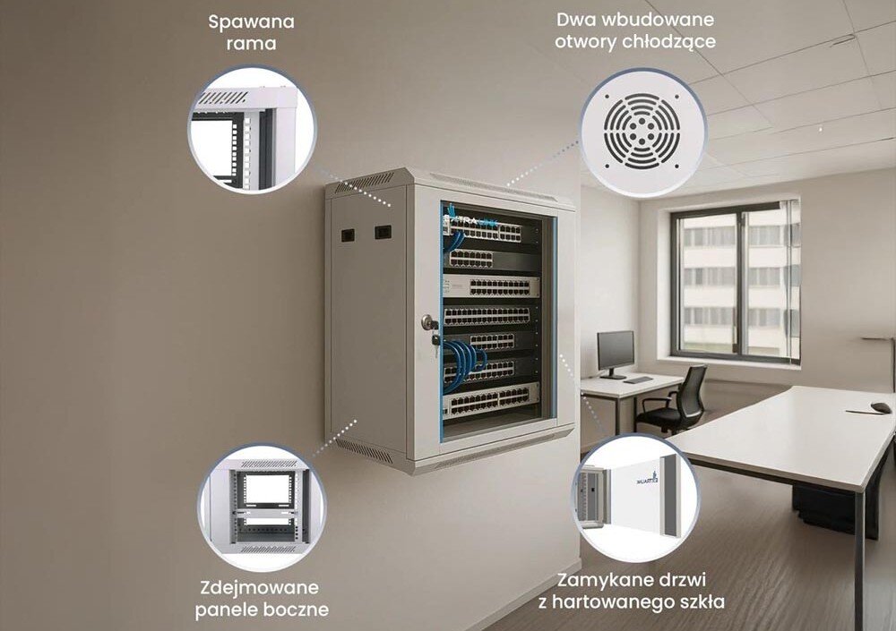 Szafa RACK EXTRALINK 19 9U EX.12950 600 x 600 mm Szafa serwerowa na ścianie w biurze, w pobliżu stolik z komputerem and zasobnikami, wnętrze, miejsca na wentylatory, standard