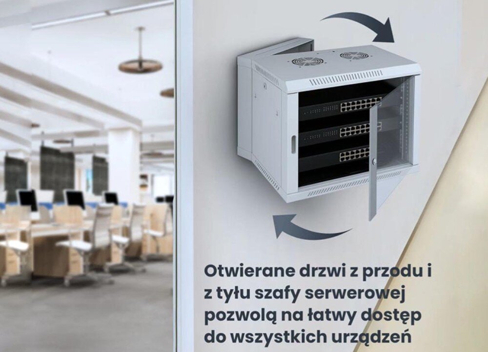 Szafa RACK EXTRALINK 19 9U EX.12950 600 x 600 mm Pokój biurowy z biurkami i monitorami, puste stanowiska pracy, drzwiczki, otwieranie, boczne panele