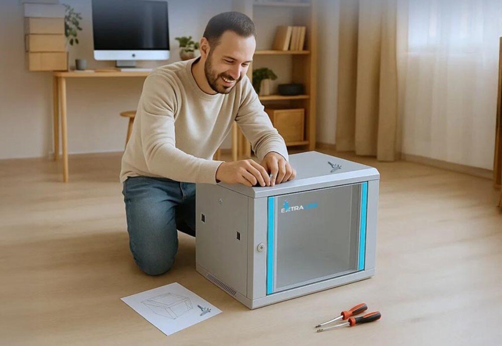 Szafa RACK EXTRALINK 19 9U EX.12950 600 x 600 mm Osoba na podłodze składa mebel komputerowy z narzędziami w pobliżu i krótkimi przewodami, konstrukcja, montaż