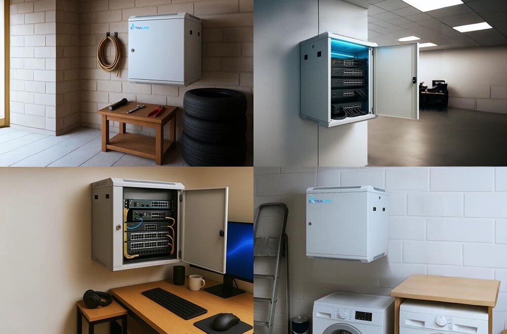 Szafa EXTRALINK 19 9U EX.13018 600 x 450 mm Kolaż czterech zdjęć przedstawiających szafę serwerową w różnych pomieszczeniach: garażu, serwerowni, domowym biurze i pralni