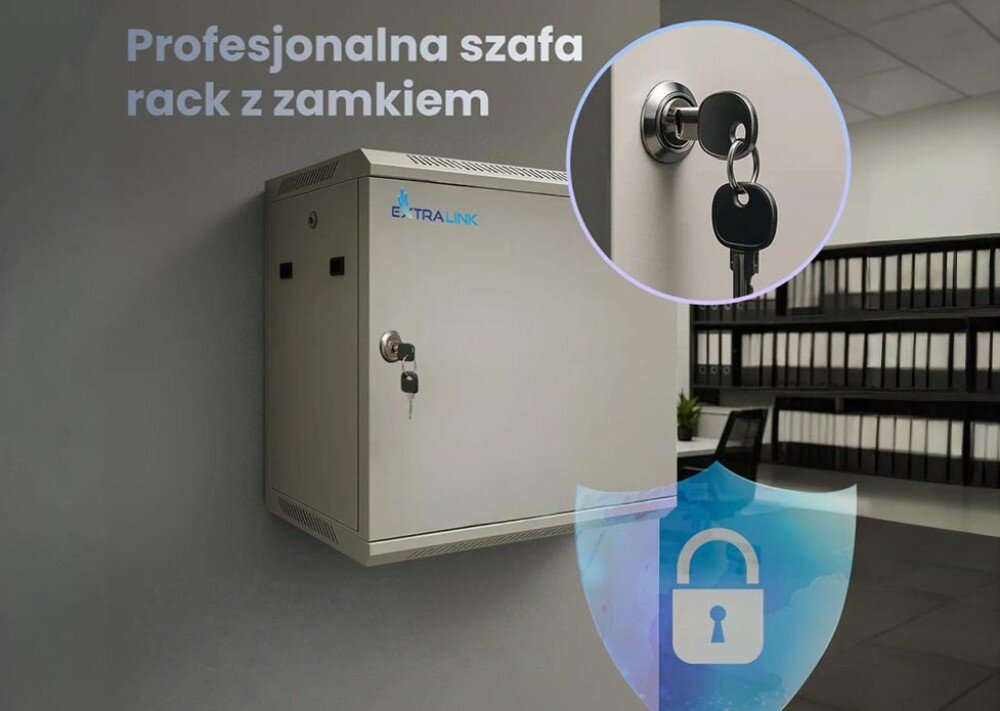 Szafa EXTRALINK 19 9U EX.13018 600 x 450 mm Szara szafa wisząca na ścianie w biurze z napisem 'Profesjonalna szafa rack z zamkiem' oraz zbliżeniem na zamek z kluczem