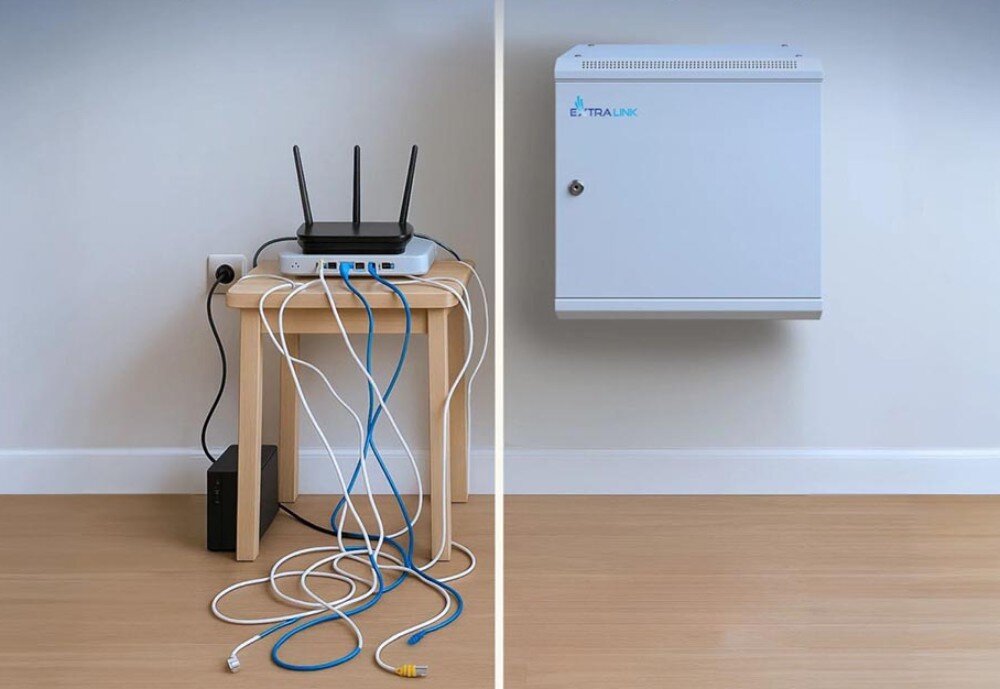 Szafa RACK EXTRALINK 19 9U EX.13025 600 x 600 mm Porównanie bałaganu z kablami i routerem na stołku z uporządkowaną przestrzenią, gdzie szafa wisząca jest na ścianie