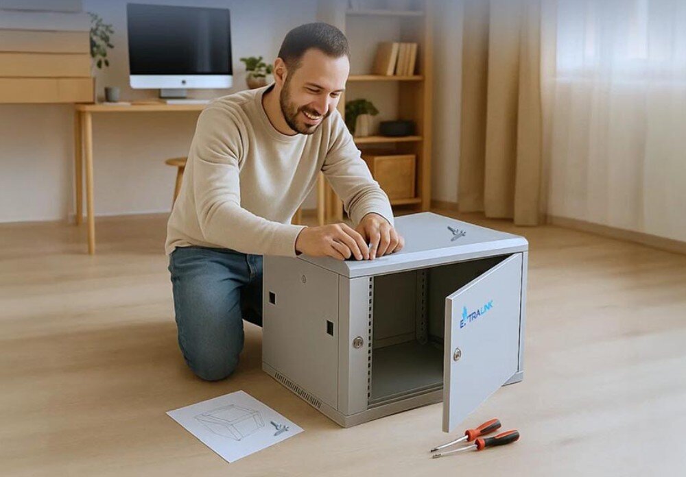 Szafa RACK EXTRALINK 19 9U EX.13025 600 x 600 mm Uśmiechnięty mężczyzna klęczący na podłodze w pokoju, składający szafę serwerową, obok leżą śrubokręty i instrukcja