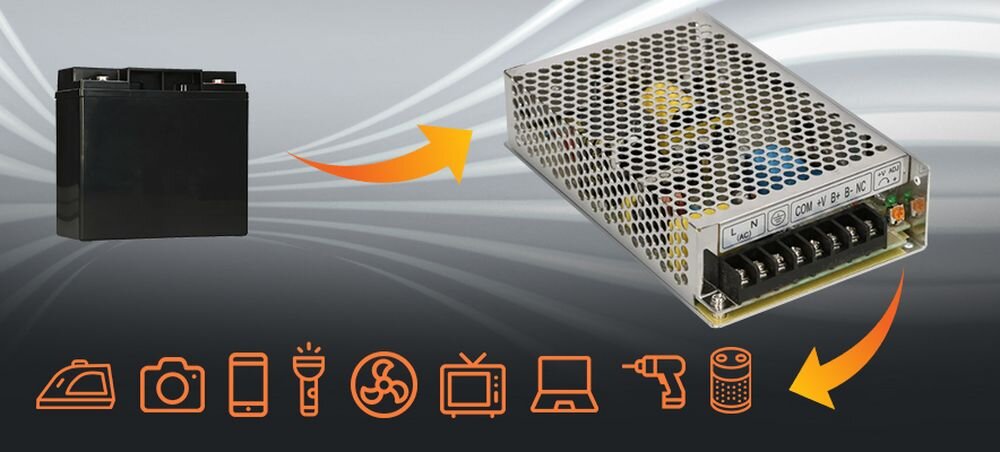 EXTRALINK SCP-35-12 EXTRALINK SCP-35-12 napięcie sieciowe 230 V stabilne napięcie DC 12 V 35 W zewnętrznego akumulatora systemy alarmowe czy automatyka domowa - zasilacz na szarym tle z piktogramami i akumulatorem