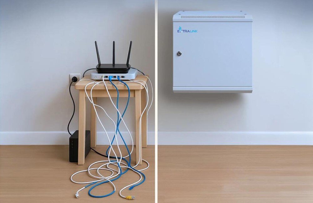 Szafa RACK EXTRALINK 19 6U EX.12998 600 x 600 mm Porównanie 'przed' i 'po', gdzie nieuporządkowane kable i router na stołku zostają schowane w wiszącej na ścianie szafce, opis