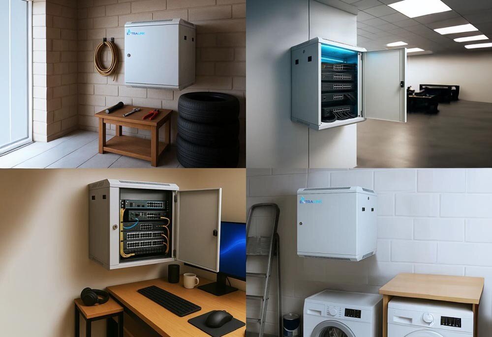 Szafa RACK EXTRALINK 19 6U EX.12998 600 x 600 mm Kolaż czterech zdjęć przedstawiający zastosowanie szafki w różnych miejscach: warsztacie, serwerowni, domowym biurze i pralni, przeznaczenie, cechy, materiał, standard