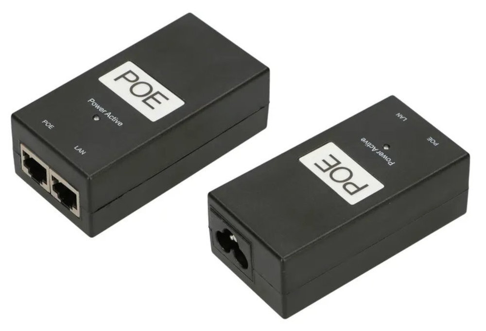 Zasilacz POE EXTRALINK wbudowanej diodzie LED Extralink 24 V 12 W automatycznie odcina napięcie przeciążenia lub zwarcia - zasilacz od przodu i tyłu na białym tle