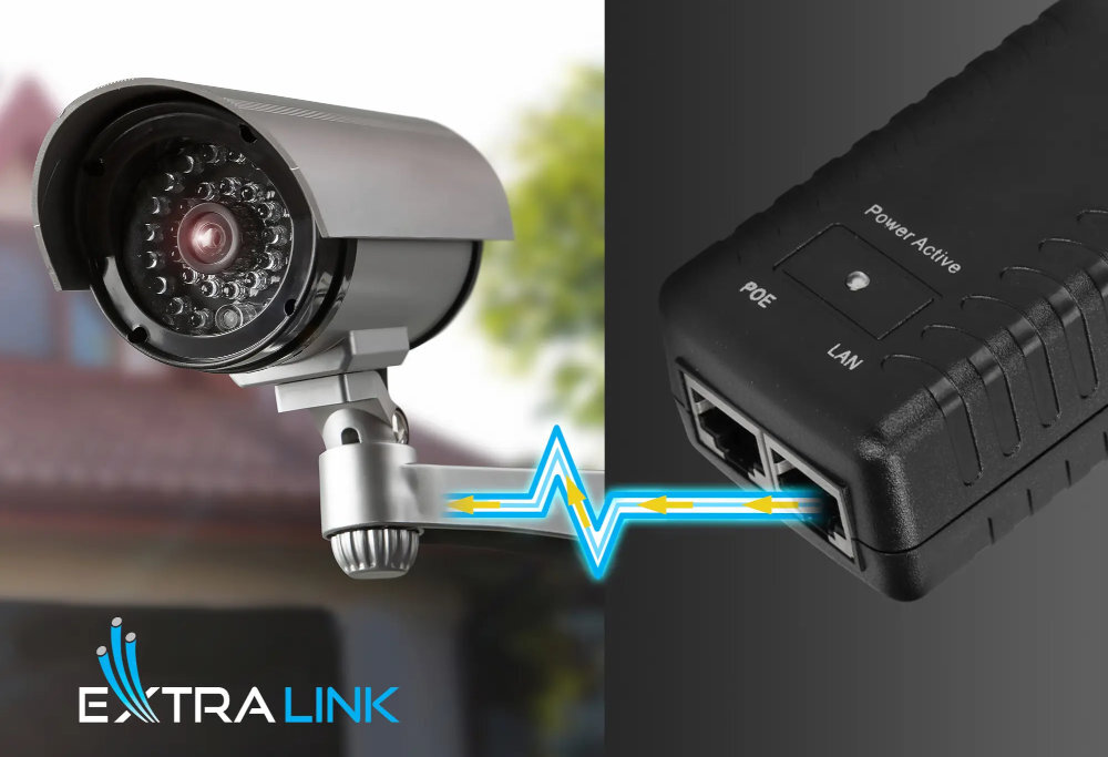 Zasilacz EXTRALINK 24 V EX.14213 12 W PoE Extralink 24 V urządzeń sieciowych punkty dostępowe (AP) czy kamery IP przesyłanie energii i danych skrętka 24 V i mocy 12 W - grafika z zasilaczem i kamerą ip 