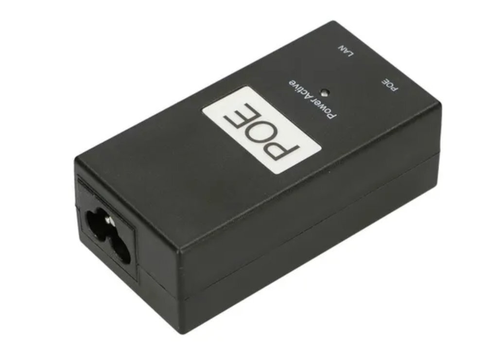 Zasilacz POE EXTRALINK PoE Extralink 24 V 24 W urządzeń sieciowych skrętkę media konwerter, access pointy czy kamery transmisji danych i energii elektrycznej - zasilacz od tyłu na białym tle
