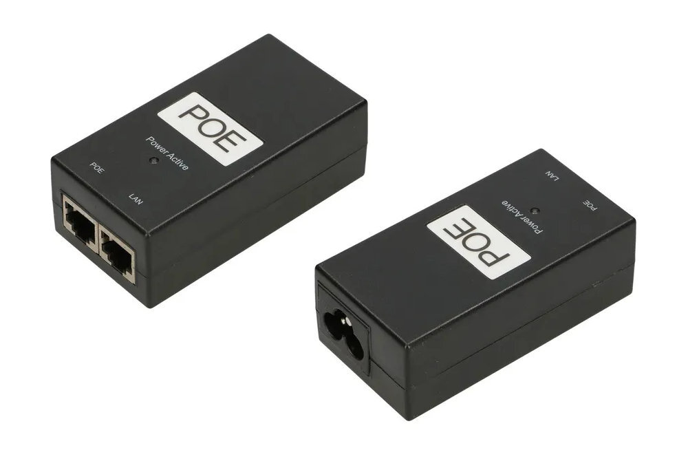 Zasilacz POE EXTRALINK wbudowanej diodzie LED Extralink 48 V 48 W automatycznie odcina napięcie przeciążenia lub zwarcia - zasilacz od przodu i tyłu na białym tle