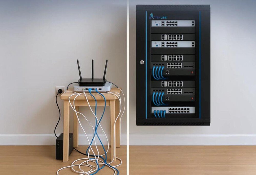 Szafa RACK EXTRALINK 19 15U EX.14329 600 x 450 mm Porównanie dwóch sposobów organizacji sprzętu sieciowego: po lewej stolik z routerem i plątaniną kabli, po prawej uporządkowany zestaw urządzeń w czarnej wiszącej szafie rack na ścianie, opis