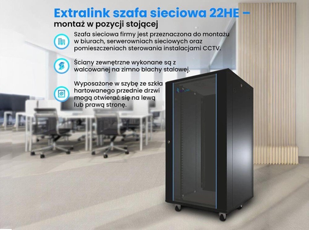 Szafa RACK EXTRALINK 19 22U EX.14398 600 x 800 mm Szafa sieciowa stojąca 22HE na tle biura z opisem jej zastosowania w biurach, serwerowniach i do instalacji CCTV, wykonania ścian zewnętrznych z blachy stalowej oraz hartowanych szklanych drzwi przednich