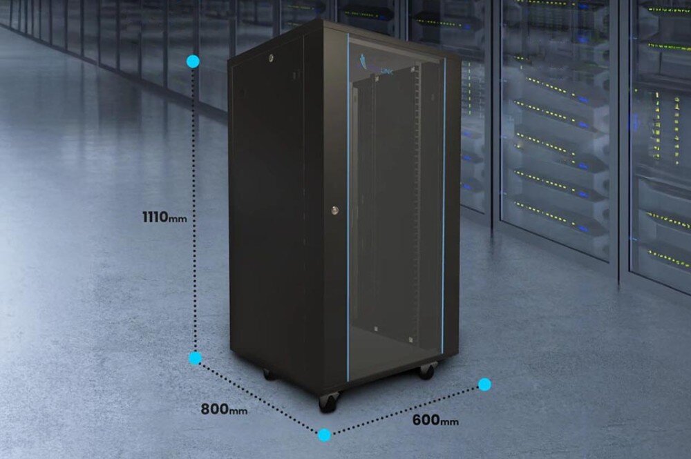 Szafa RACK EXTRALINK 19 22U EX.14398 600 x 800 mm Szafa sieciowa stojąca z wymiarami: wysokość 1110 mm, głębokość 800 mm i szerokość 600 mm