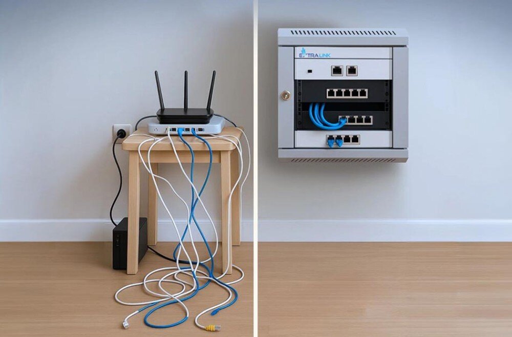 Szafa RACK EXTRALINK 10 6U EX.14473 300 x 300 mm Porównanie bałaganu w kablach z routerem na stołku i uporządkowanej szafy wiszącej ze sprzętem sieciowym, opis