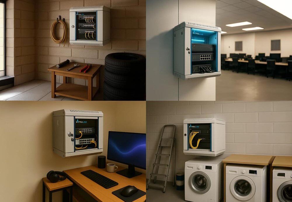 Szafa RACK EXTRALINK 10 6U EX.14473 300 x 300 mm Kolaż czterech zdjęć przedstawiających szafę wiszącą w różnych lokalizacjach: garażu, serwerowni, domowym biurze i pralni, szerokość, przeznaczenie, montaż