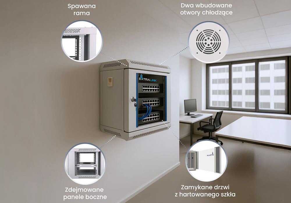 Szafa RACK EXTRALINK 10 6U EX.14473 300 x 300 mm Infografika przedstawiająca szafę wiszącą z czterema jej cechami: 'spawaną ramą', 'otworami chłodzącymi', 'zdejmowanymi panelami bocznymi' i 'zamykanymi drzwiami', konstrukcja, materiały, drzwi