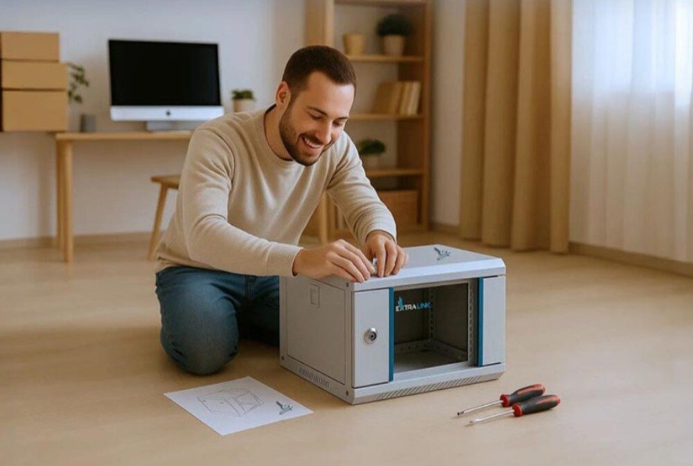 Szafa RACK EXTRALINK 10 6U EX.14473 300 x 300 mm Szafa wisząca w biurze z przybliżeniem na zamek z kluczem i ikoną tarczy z kłódką symbolizującą bezpieczeństwo, montaż, zdejmowane panele