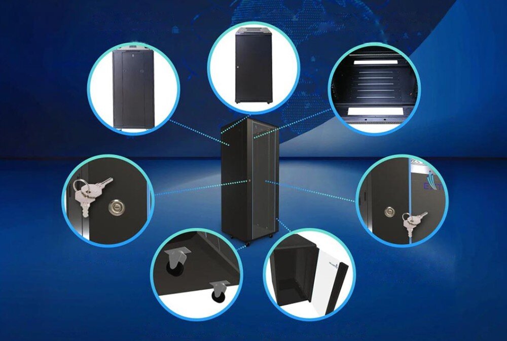Szafa RACK EXTRALINK 19 37U EX.14435 800 x 800 mm Czarna szafa serwerowa stojąca na tle niebieskiego tła, wokół niej rozmieszczone okrągłe zbliżenia pokazujące jej elementy, obsługa, funkcje