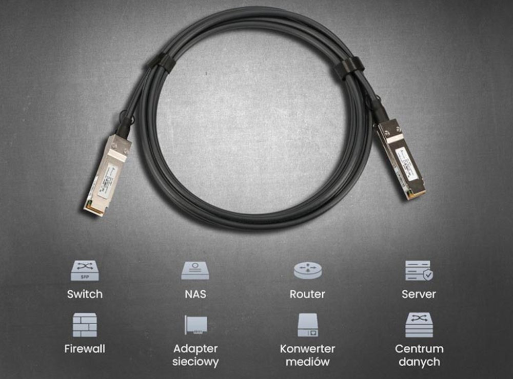 Kabel EXTRALINK EX.15807 dwoma złączami QSFP+ 40 Gbps długość 3 m szaf rackowych krótkich połączeń - kabel na szarym tle