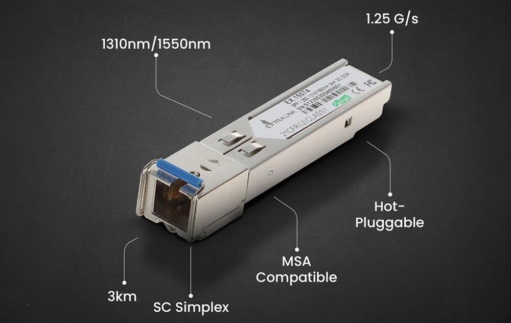 Wkładka SFP EXTRALINK EX.15074 Moduł SFP z niebieskim zatrzaskiem, przedstawiony na czarnym tle z opisami parametrów, takimi jak '1310nm/1550nm', '1.25 G/s', '20km', 'LC Simplex', 'MSA Compatible' i 'Hot-Pluggable'