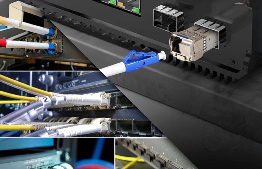 Wkładka SFP EXTRALINK EX.15111 Kolaż czterech zdjęć pokazujących wkładki SFP i kable światłowodowe podłączone do przełącznika sieciowego