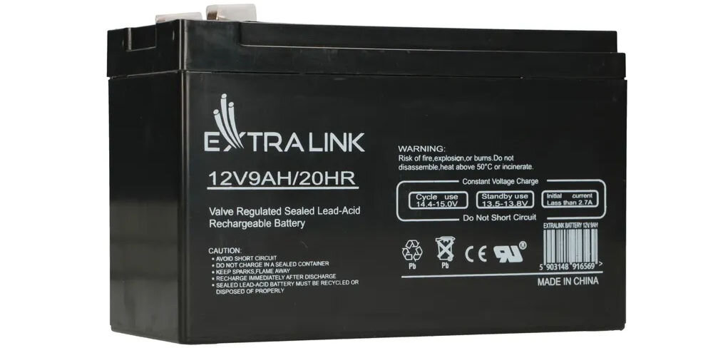 Akumulator EXTRALINK EX.16569 9Ah 12V, wytrzymałość, wstrząsy, cykle, stabilność, na białym tle akumulator frontem lewo skos