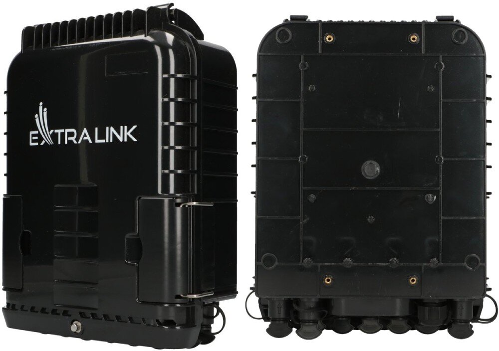 Puszka połączeniowa EXTRALINK EX.17559 Czarna plastikowa obudowa pokazana z przodu z białym logotypem oraz od tyłu z punktami do mocowania