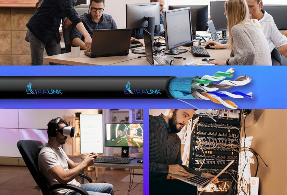 Kabel sieciowy EXTRALINK Extralink CAT5E UTP (F/UTP) V2 stabilnych sieci lokalnych LAN Gigabit Ethernetu (4x 250MHz =1GHZ) i transmisję ATM 622 Mb/s. 4 par skręconych przewodów miedzianych miedzi - Praca zespołowa programistów przy komputerach, zarządzanie siecią oraz VR gaming