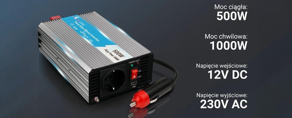 Przetwornica EXTRALINK OPIP-500W 12V/230V EX.18075 przenośna przetwornica napięcia z czystym sinusem, przetwonica po skosie na ciemnym tle