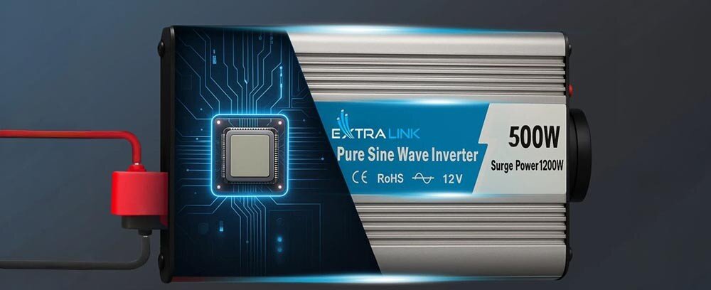 Przetwornica EXTRALINK OPIP-500W 12V/230V EX.18075 zabezpieczenia termiczne przeciążeniowe zwarciowe, przetwonica od góry na ciemnym tle